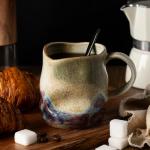 TaoTaojarvie Handmade Ceramic Coffee Mugs, Mugs with Coffee Spoon, 11oz, Handmade Pottery Mug with Handle, Hand-painting, Unique Uneven Surface Tea cups, Dishwasher and Microwave Safe (White)