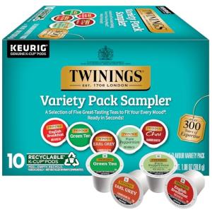 Twinings K-Cup Pods Variety Pack, Includes English Breakfast, Earl Grey, Chai, Green, and Peppermint for Keurig and Single Cup Brewers, 10 Count (Pack of 1), Enjoy Hot or Iced