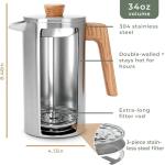 WALDWERK French Press (34 oz) - Non-Toxic Stainless Steel Double Wall French Press Coffee Maker - Plastic Free Coffee Press with Oak Wood Handle - Insulated Stainless Steel Coffee Maker - No Plastic