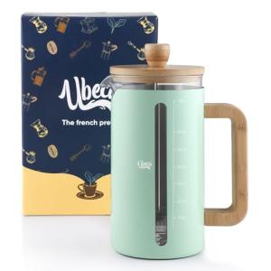 Ubeca French Press 34 oz Coffee Maker | Mint Green | Thick Borosilicate Glass | Bamboo Handle 2-Layer | Stainless Filter and cover | Easy Clean Eco-Friendly Gift ready Set