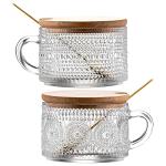Gezzeny Vintage Glass Coffee Mugs with Wooden Lids 14 Oz Set of 2 Embossed Tea Cups for Cappuccino, Latte,Cereal, Beverage Christmas Thanksgiving Day Gifts