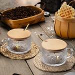 Gezzeny Vintage Glass Coffee Mugs with Wooden Lids 14 Oz Set of 2 Embossed Tea Cups for Cappuccino, Latte,Cereal, Beverage Christmas Thanksgiving Day Gifts