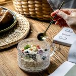 Gezzeny Vintage Glass Coffee Mugs with Wooden Lids 14 Oz Set of 2 Embossed Tea Cups for Cappuccino, Latte,Cereal, Beverage Christmas Thanksgiving Day Gifts