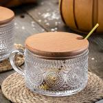Gezzeny Vintage Glass Coffee Mugs with Wooden Lids 14 Oz Set of 2 Embossed Tea Cups for Cappuccino, Latte,Cereal, Beverage Christmas Thanksgiving Day Gifts