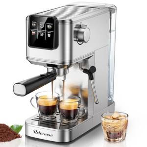 RELEXNOW Espresso Machine, 20 Bar Espresso Maker Milk Frother & LCD Panel, Hot & Iced Coffee Machine, Stainless Steel Espresso Coffee Machine with 41oz Water Tank for Cappuccino, Latte