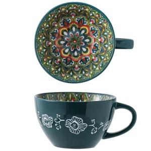 JINNTHE Bohemian Hand-Painted Ceramic Mug, 15 Oz Large Coffee Cup for Milk, Tea, and Breakfast, Dishwasher & Microwave Safe Artisan Cup, Green-J