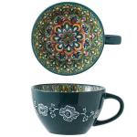 JINNTHE Bohemian Hand-Painted Ceramic Mug, 15 Oz Large Coffee Cup for Milk, Tea, and Breakfast, Dishwasher & Microwave Safe Artisan Cup, Green-J