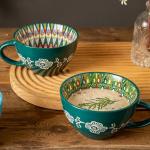 JINNTHE Bohemian Hand-Painted Ceramic Mug, 15 Oz Large Coffee Cup for Milk, Tea, and Breakfast, Dishwasher & Microwave Safe Artisan Cup, Green-J