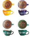 JINNTHE Bohemian Hand-Painted Ceramic Mug, 15 Oz Large Coffee Cup for Milk, Tea, and Breakfast, Dishwasher & Microwave Safe Artisan Cup, Green-J