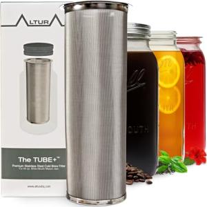 Altura The TUBE+ Cold Brew Coffee Maker and Tea Infuser for Wide Mouth Mason Jars - Stainless Steel Cold Brew Filter Strainer for Iced Coffee, Fruit Water & More - (64oz/2qt)