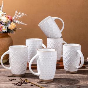 GBhome 20oz Large Coffee Mugs Set of 6, Handmade Tall Ceramic Coffee Mugs with Texture Patterns for Cappuccino, Latte,Hot Cocoa, Dishwasher & Microwave Safe-Off White