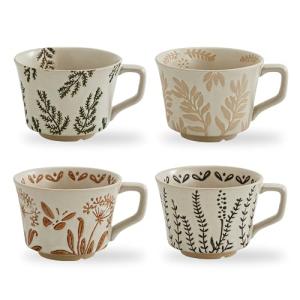 Swuut 12 oz Vintage Ceramic Coffee Mug Set of 4 - Handmade Stoneware Pottery Countryside Farmhouse Fall Autumn Tea Mugs with Big Handle for Latte,Cocoa,Dishwasher & Microwave Safe Cups (Plants)