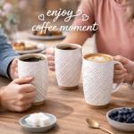 GBhome 20oz Large Coffee Mugs Set of 6, Handmade Tall Ceramic Coffee Mugs with Texture Patterns for Cappuccino, Latte,Hot Cocoa, Dishwasher & Microwave Safe-Off White