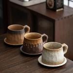 Alikexin 10oz Vintage Retro Handmade Ceramic Cappuccino Cup with Saucer –Small Rustic Stoneware tea cup and saucer, Lead-Free Latte Art Mug,Handmade mug with saucer set, Microwave safe, Brown