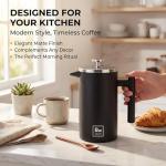 Barista Warrior French Press Coffee Maker Stainless Steel with Built-In Thermometer - Insulated Double Wall Design, Dual Filter System, Stay-Cool Handle & Wood Spoon - Black