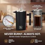 Barista Warrior French Press Coffee Maker Stainless Steel with Built-In Thermometer - Insulated Double Wall Design, Dual Filter System, Stay-Cool Handle & Wood Spoon - Black