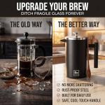 Barista Warrior French Press Coffee Maker Stainless Steel with Built-In Thermometer - Insulated Double Wall Design, Dual Filter System, Stay-Cool Handle & Wood Spoon - Black