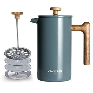 POLIVIAR French Press Coffee Maker, 34 oz Coffee Press with Real Wood Handle, Double Wall Insulation & Dual-Filter Screen, Food Grade Stainless Steel for Good Coffee and Tea (Alpline)