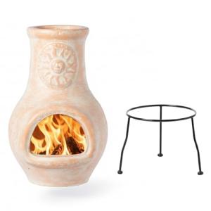 Beige Clay Chiminea Outdoor Fireplace with Metal Stand