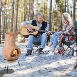 Beige Clay Chiminea Outdoor Fireplace with Metal Stand