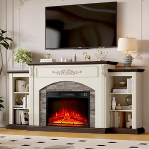 72" White Electric Fireplace TV Stand with Mantel