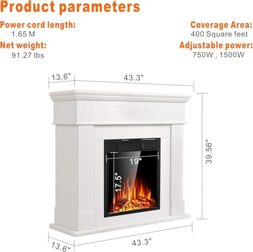 Freestanding 44" Electric Fireplace with Mantel, White