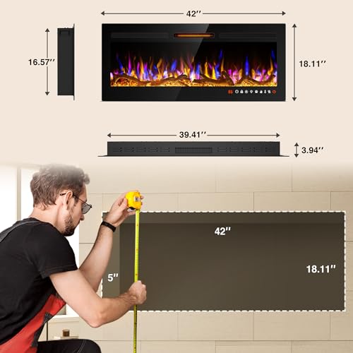 42" Slim Recessed Electric Fireplace with Remote
