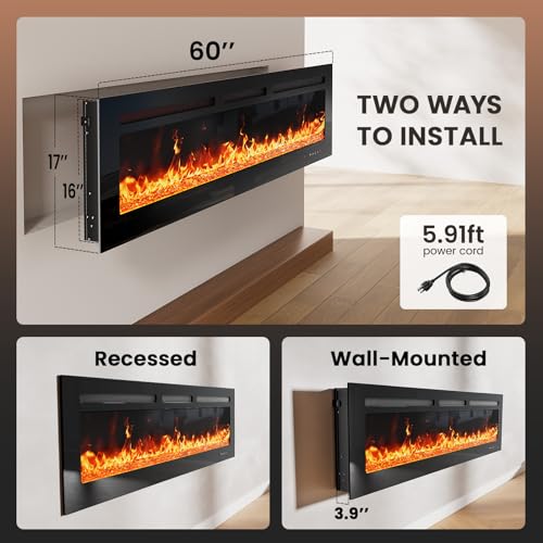 Silonn 60" Electric Fireplace with Remote & App