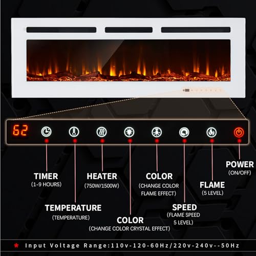 50-Inch Wall-Mounted Electric Fireplace with Remote