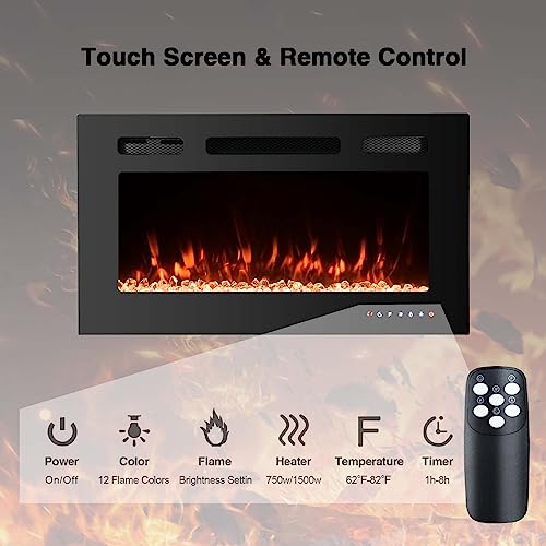 36" Wall Mounted Electric Fireplace Insert with LED