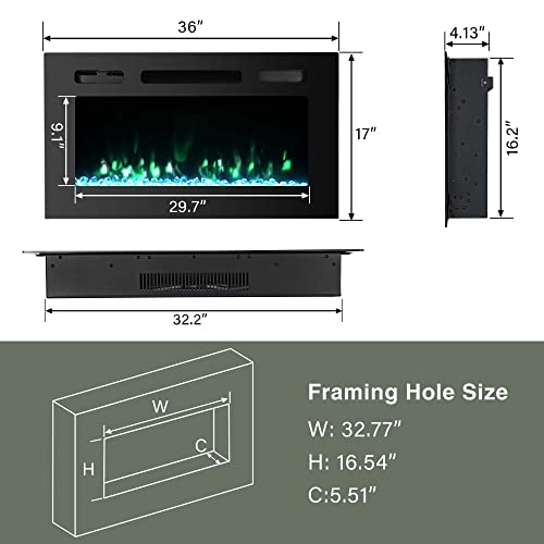 36" Wall Mounted Electric Fireplace Insert with LED