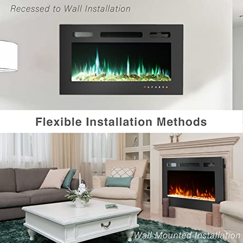 36" Wall Mounted Electric Fireplace Insert with LED