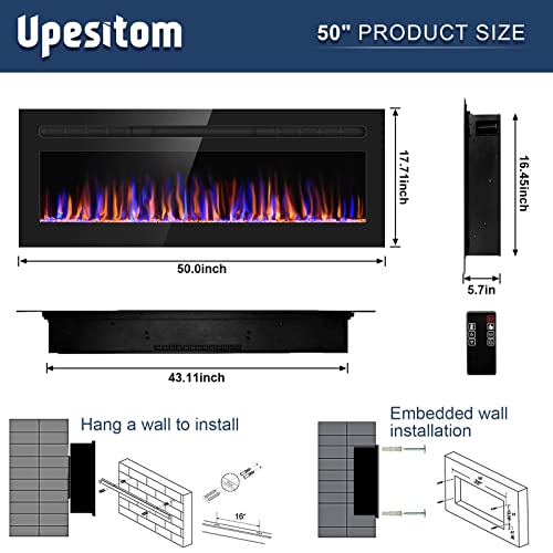 50" Wall-Mounted Electric Fireplace with Remote Control