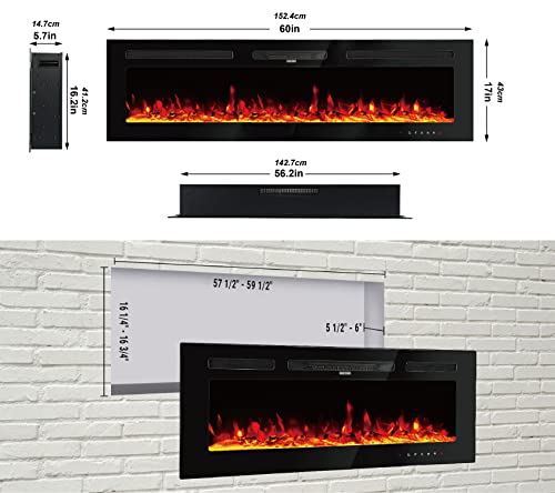 60-Inch Wall-Mounted Electric Fireplace with Remote