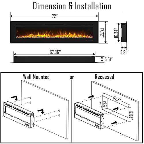 Cheerway 72" Recessed Electric Fireplace with Heater