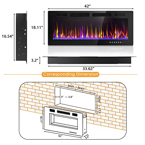 LEMBERI 42" Recessed Electric Fireplace with Remote Control