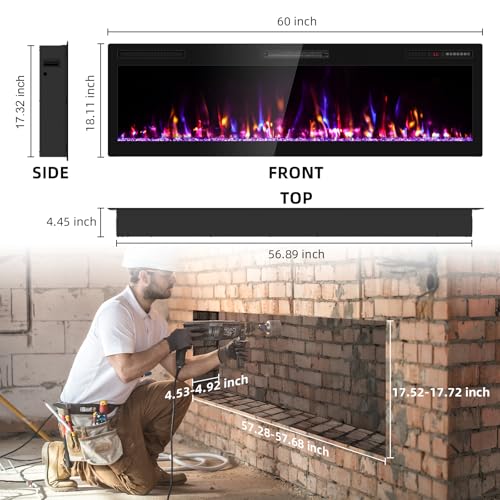 60" Recessed Electric Fireplace with Remote Control