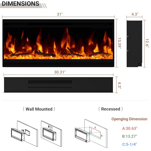 30" Ultra-Thin Wall Mounted Electric Fireplace