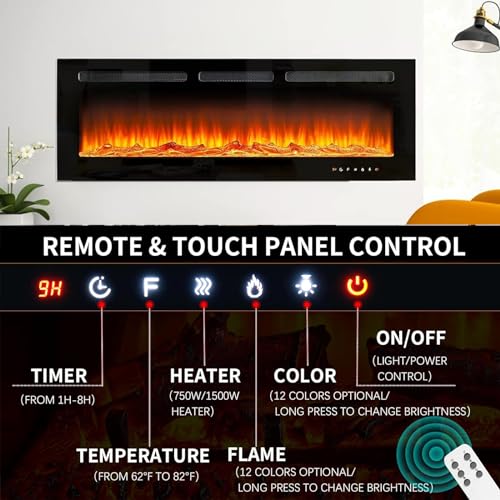 50" Wall Mounted Electric Fireplace with Remote Control