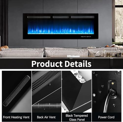 50" Wall Mounted Electric Fireplace with Remote Control
