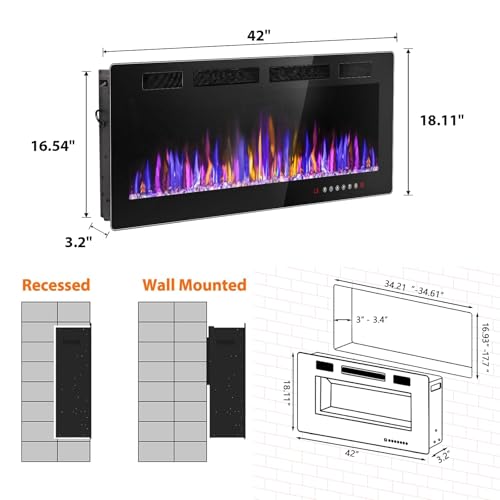 42" Recessed Wall-Mounted Electric Fireplace Heater