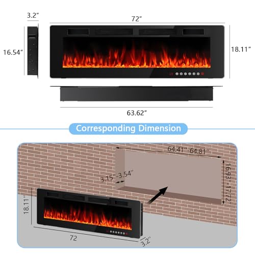 BOSSIN 72” Ultra-Thin Electric Fireplace with Remote