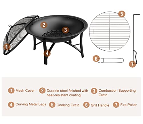 Outdoor Wood Burning Fire Pit with Screen Cover