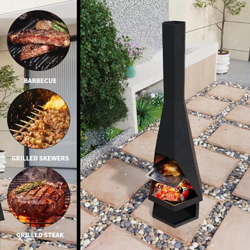 HAINAWANG Outdoor Chiminea Fireplace with Log Storage