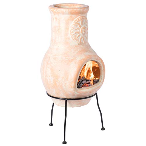 Beige Clay Chiminea Outdoor Fireplace with Metal Stand