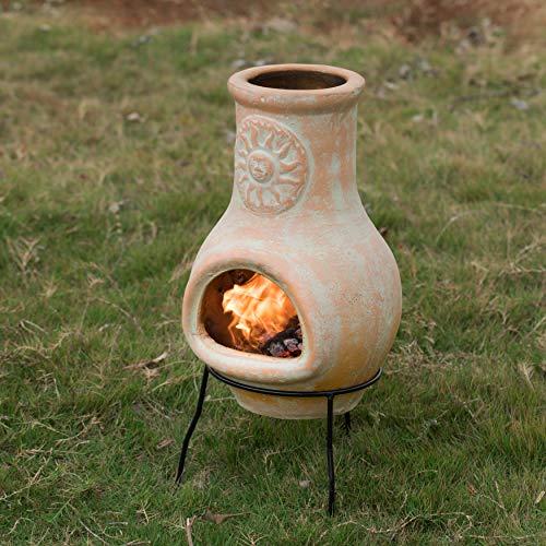 Beige Clay Chiminea Outdoor Fireplace with Metal Stand