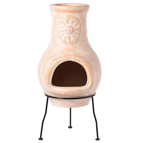 Beige Clay Chiminea Outdoor Fireplace with Metal Stand