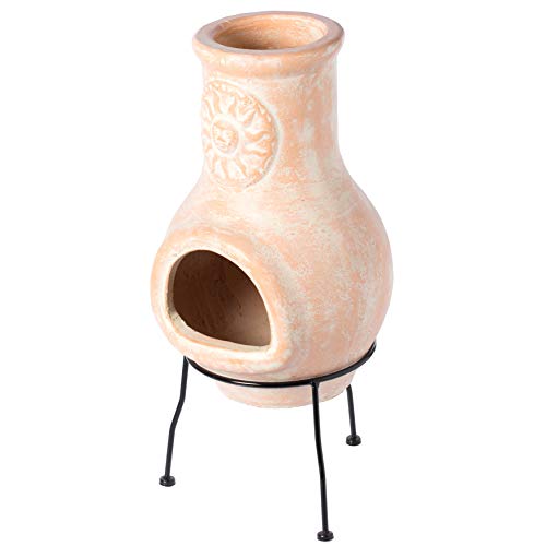 Beige Clay Chiminea Outdoor Fireplace with Metal Stand
