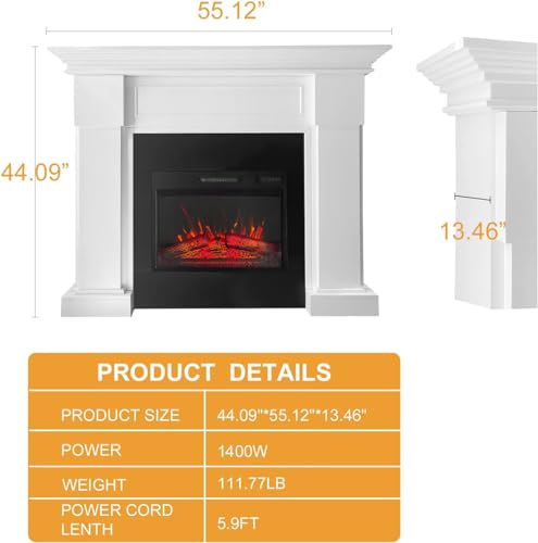55" White Electric Fireplace with Remote Control