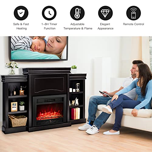 Tangkula 70" Electric Fireplace with Mantel & Bookshelves